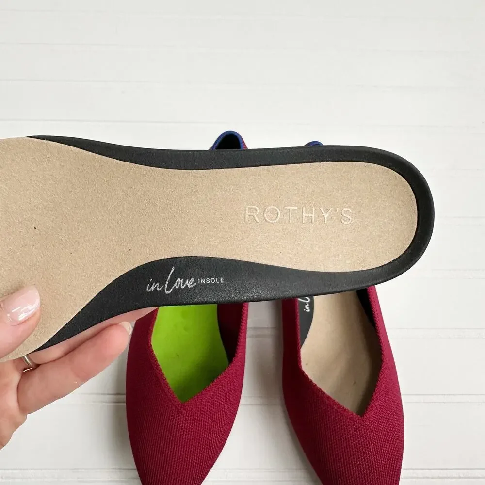 Rothy's Pointed Toe Low Block Heel Pumps in Burgundy with Blue Trim - Picture 4 of 8